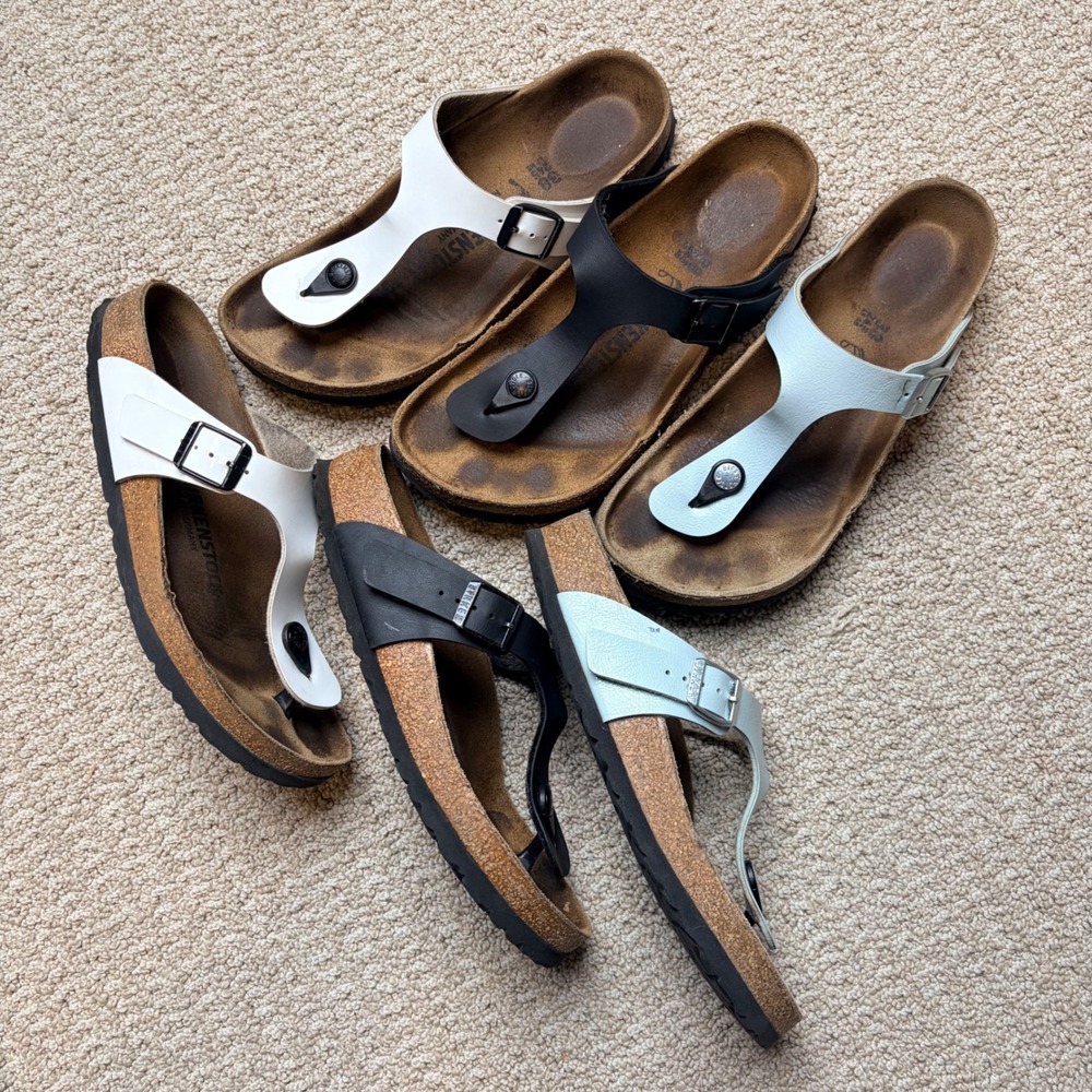 Lot of 3 Birkenstock Gizeh Sandals Women 7 7.5 Black White Blue Thong Slides
